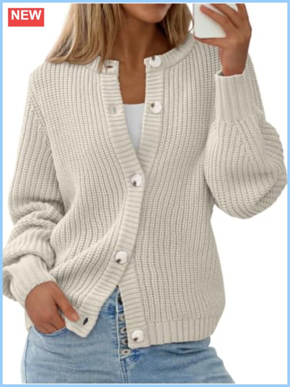 Chunky Knit Button Up Cardigan Sweater Women Oversized Long Sleeve Crewneck